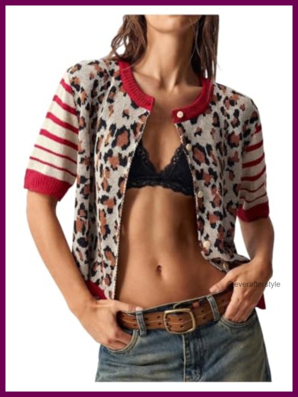 Leopard Striped Button Up Short Sleeve Cardigan Knit Sweater